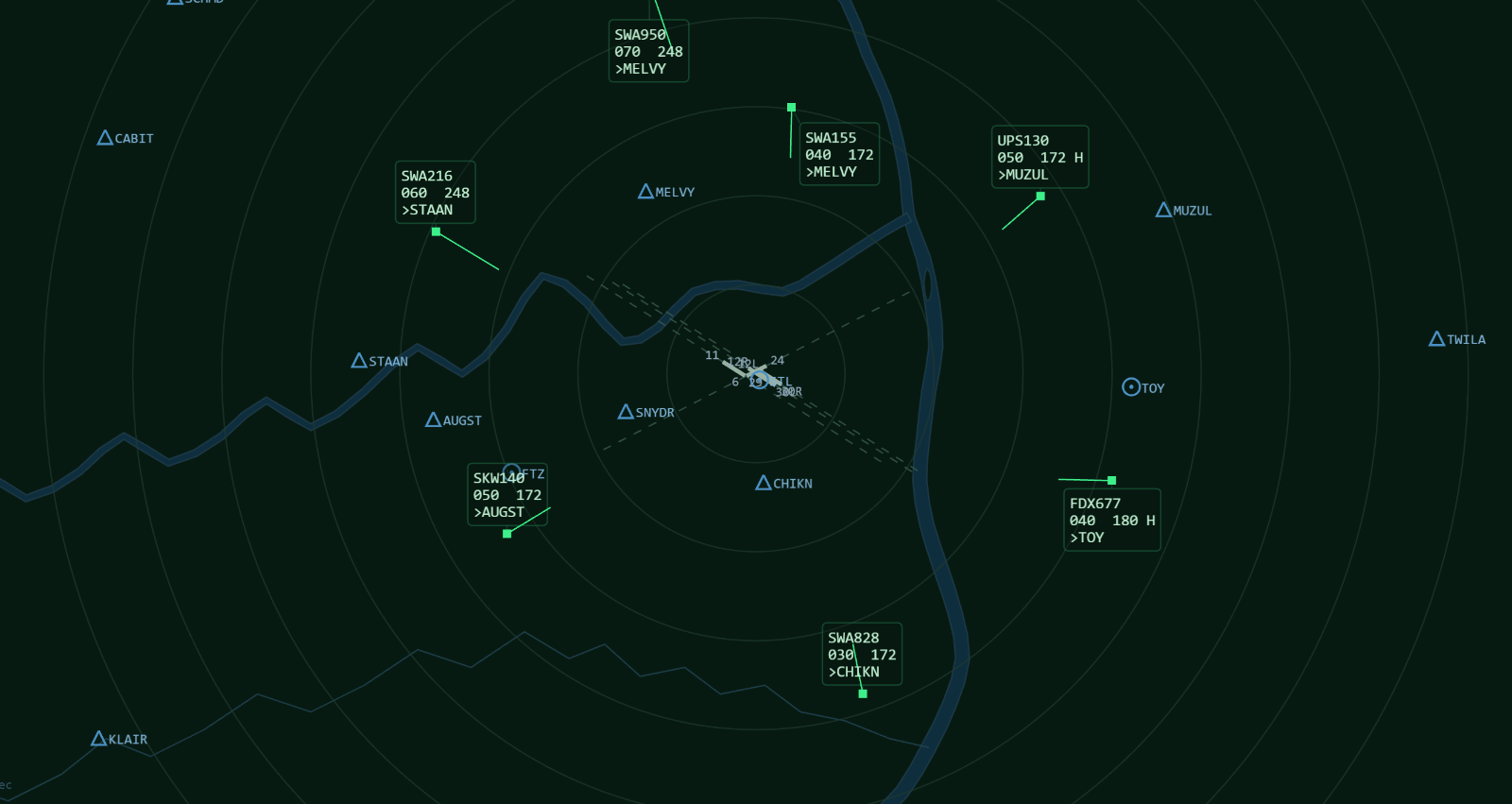 The KSTL approach radar scope: seven aircraft on the arrival flow, each with a callsign, altitude, and speed data block, laid over the real runway layout, range rings, and the Missouri and Mississippi rivers.