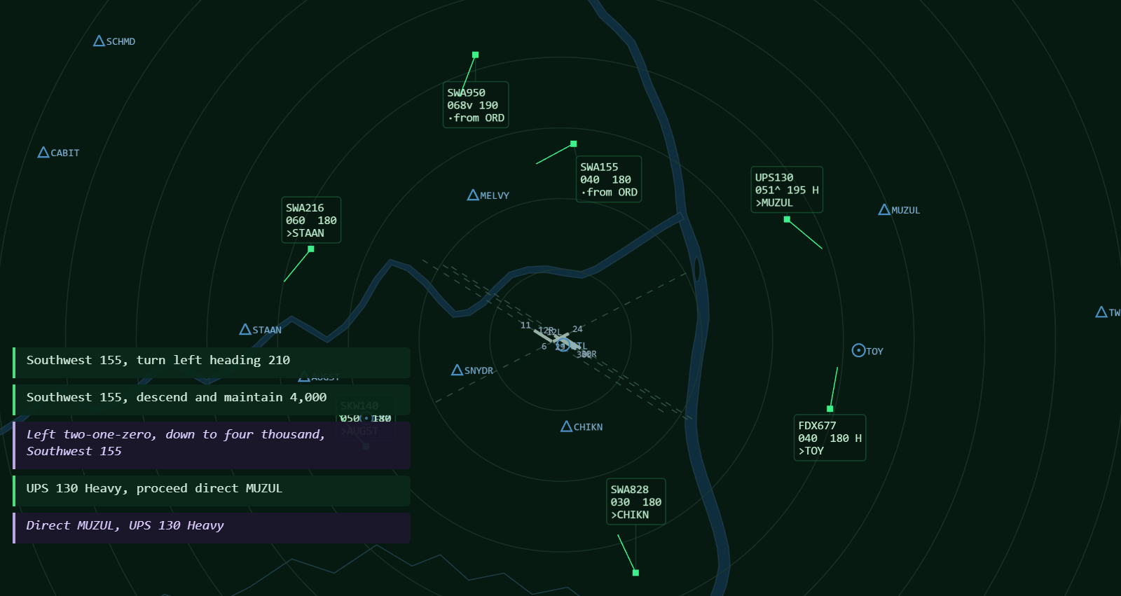 The same scope with the radio exchange showing: green controller instructions and lavender pilot readbacks stacked bottom-left, a pilot reading a heading and altitude back to the controller.