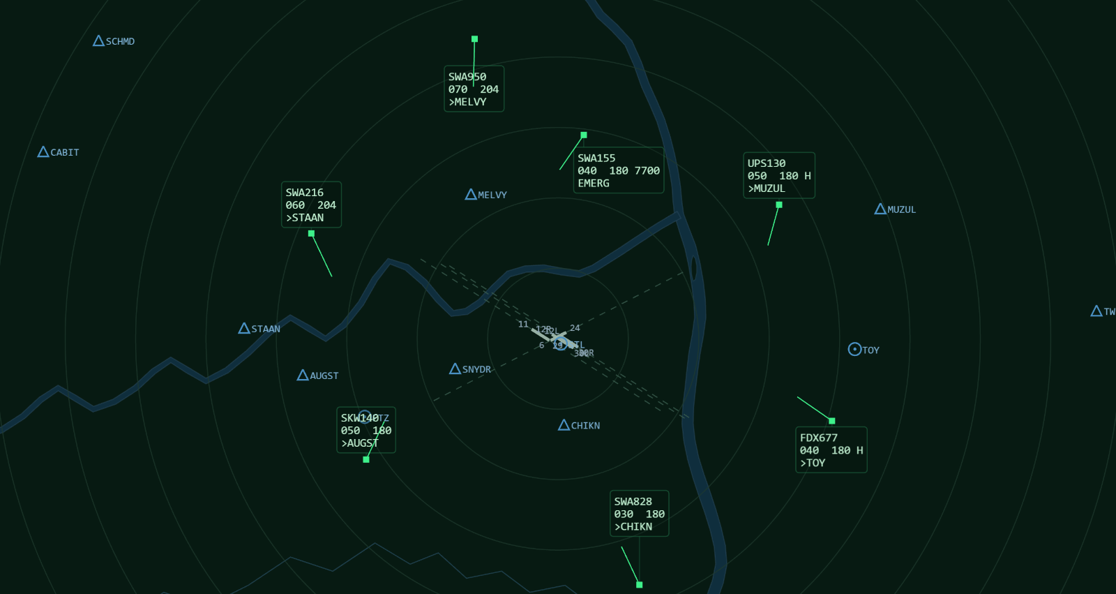 The scope during an in-flight emergency: one aircraft squawking 7700 with an EMERG data block near the field, the rest of the arrival flow still to be worked around it.
